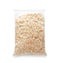 Plastic bag with raw oatmeal flakes on white background