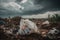 plastic bag spilling out of the landfill, surrounded by discarded waste