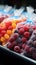 Plastic bags of frozen berries displayed tidily on a supermarkets cold shelf