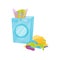 Plastic basket full of clean clothes on washing machine and pile of dirty laundry on the floor. Flat vector design