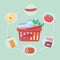 Plastic basket full products market, grocery purchases