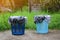 plastic baskets with drying underwear on cement ground in the