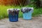 plastic baskets with drying underwear on cement ground in the