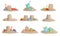 Plastic beach toys on piles of sand against white background, collage. Outdoor play