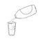 Plastic bottle with a drink, pour milk into a glass vessel, copy space, vector monochrome cartoon