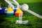 Plastic bottle on a football field with blurry soccer training Equipment on Artificial turf