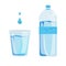 Plastic bottle and glass of water. Raindrop, Vector illustration, for health infographics, advertising for drinks, liquids, minera