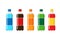 Plastic bottle package set with blue water red brown orange green soda beverage and labels. Carbonated drink with