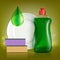 Plastic bottle with soap for washing utensils, plate and sponge.