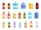 Plastic bottle water icon set. Color drinking water packaged in PET Bottle, recyclable and easy to store liquids. Vector