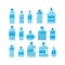 Plastic bottle water set. Blue drinking water packaged in PET Bottle