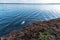 Plastic bottle in the water, at the water ,edge of a lake , floating away , close up