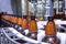 Plastic bottles with light filtered beer on the conveyor. Industrial production of beer.