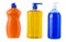 plastic bottles with liquid laundry detergent, cleaning agent, bleach or fabric softener isolated on white background.