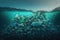 Plastic bottles and plastic parts float underwater in the ocean and pollute the sea - 3d illustration Generative AI