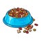 Plastic bowl filled with dry pelleted pet, cat, dog food