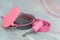 Plastic bowl with leashes of pink for dog or cat