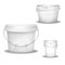 Plastic bucket vector illustration of 3d realistic plastic buckets containers with handle for paint, putty or food