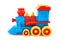 Plastic children`s toy locomotive isolated on white background