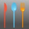 Plastic colored cutlery, realistic vector illustration isolated on transparent.