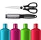 Plastic colorful bottles shampoo, scissors and black comb