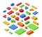 Plastic Colorful Construction Blocks, Bricks and Planes in Isometric Style