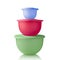 Plastic container stack. Plastic bowls green, red and blue are isolated on a white background. Food containers. Container with a