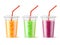 Plastic cup juice. Realistic color fruits smoothies in takeaway transparent glasses with lids and drinking tubes