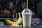 Plastic cup of milkshake with banana