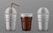Plastic cup with sphere dome cap. Empty transparent disposable cups, takeaway container for cola, mojito 3d realistic