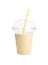 Plastic cup of tasty banana smoothie on white background