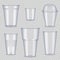 Plastic cups. Transparent empty vessel for beverage food and drinks template of plastic cups vector realistic pictures