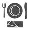 Plastic disposable tableware solid icon, picnic concept, picnic cutlery sign on white background, plate with fork and