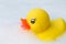 Plastic duck floats in bubble bath