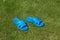 Plastic flip-flops on the grass. vacation in nature. end of quarantine