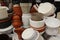 Plastic flower pots on the shelf of a flower shop, close - up-the concept of seasonal transplanting of indoor plants