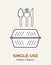 Plastic food container, spoon, fork, knife. Single-use white plastic cutlery  illustration set. Food plastic cutlery flat