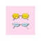 Plastic frame modern sunglasses. Blue and yellow glass in eyeglasses on pink background.