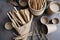 Plastic Free July A table full of wooden spoons and cups with a rope tied around them AI generation