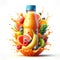 plastic fruit juice bottle with tropic fruits juice splash isolated on white background