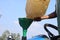 Plastic fuel container and funnel on a tractor in refueling station stock photo