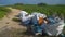 Plastic and Garbage in the ocean washed ashore and collected on waste bags on the beach. From North Shore, Hawaii, Big