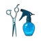 Plastic hairdresser spray bottle and professional stainless steel scissors