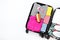 Plastic hardshell suitcase packed with casual clothing items