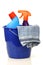 Plastic household bucket with two cleaning bottles