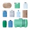 Plastic and iron containers liquid set. Production barrels for storing gasoline oil green canister with chemicals