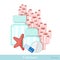Plastic jars with coral, fish star and pills on white. Flat icon calcium, nutritional supplements