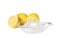 Plastic juicer and ripe lemons on white background