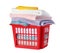 Plastic laundry basket with clean towels on white
