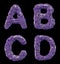 Plastic letters set A, B, C, D made of 3d render plastic shards purple color.